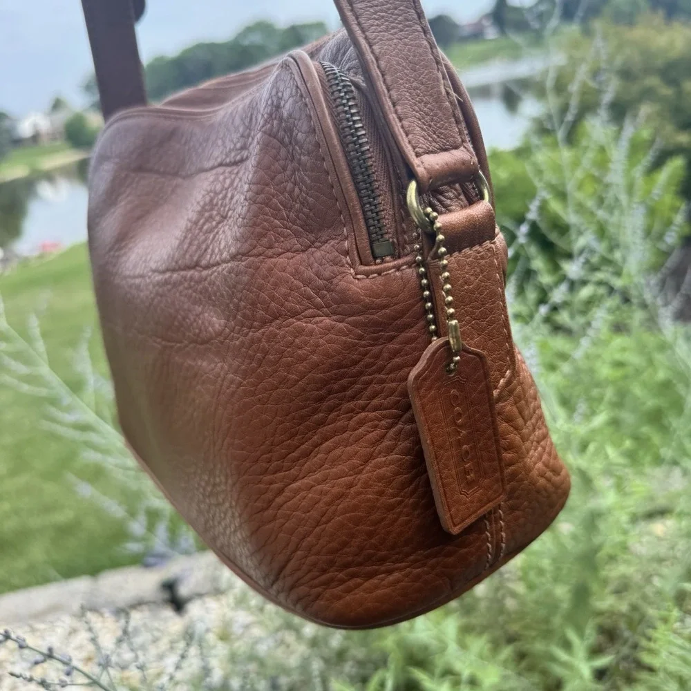 Vintage Coach 4914 ~ Natural Grain Double Zip Saddle Brn Leather Purse 90's READ
